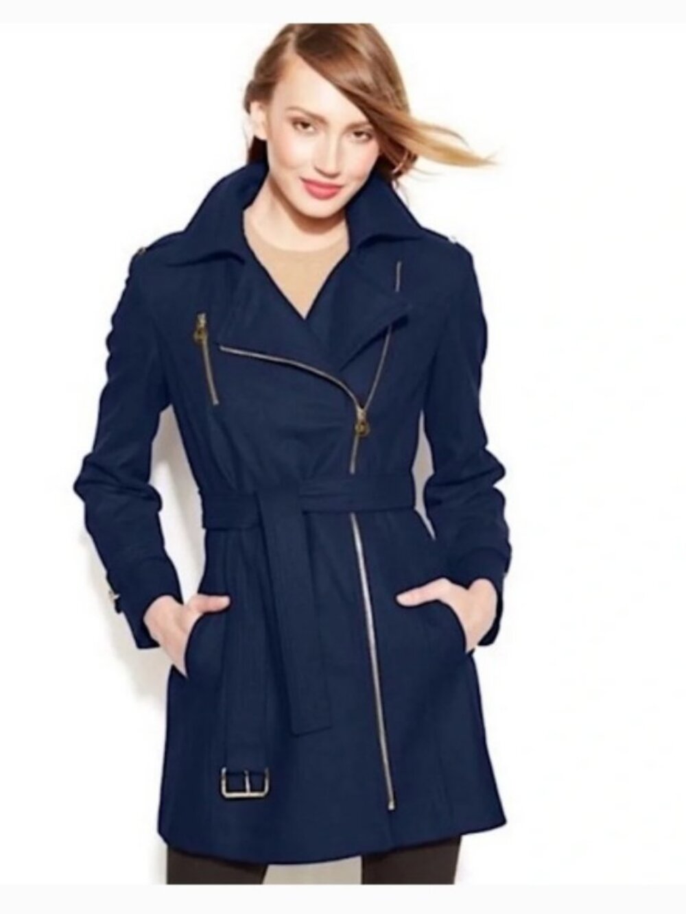 Michael Kors Navy Blue Wool Blend Belted Asymmetrical Zip Coat